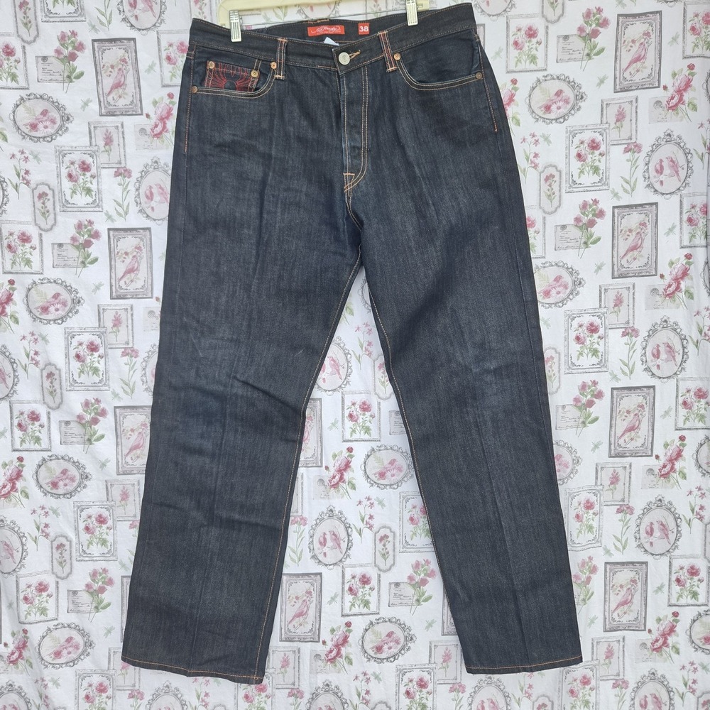 Rare VTG Ed Hardy Mens Blue Dragon Mermaid Embroidered Denim Jeans 38x34 Baggy - Picture 3 of 12